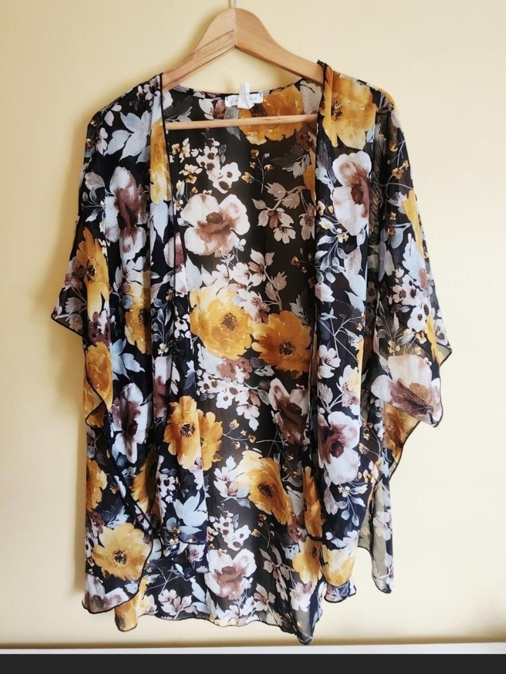 emory park Black Floral Sheer Kimono with Mustard Blooms